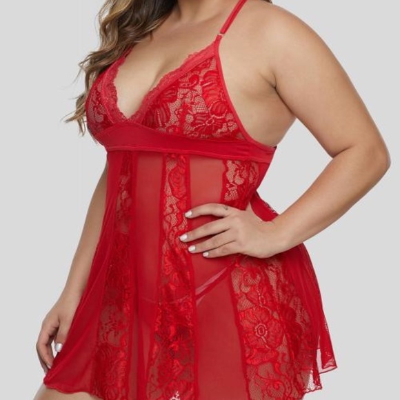 Queen Size Sexy Sheer Red Chemise Set - Picture 5 of 5